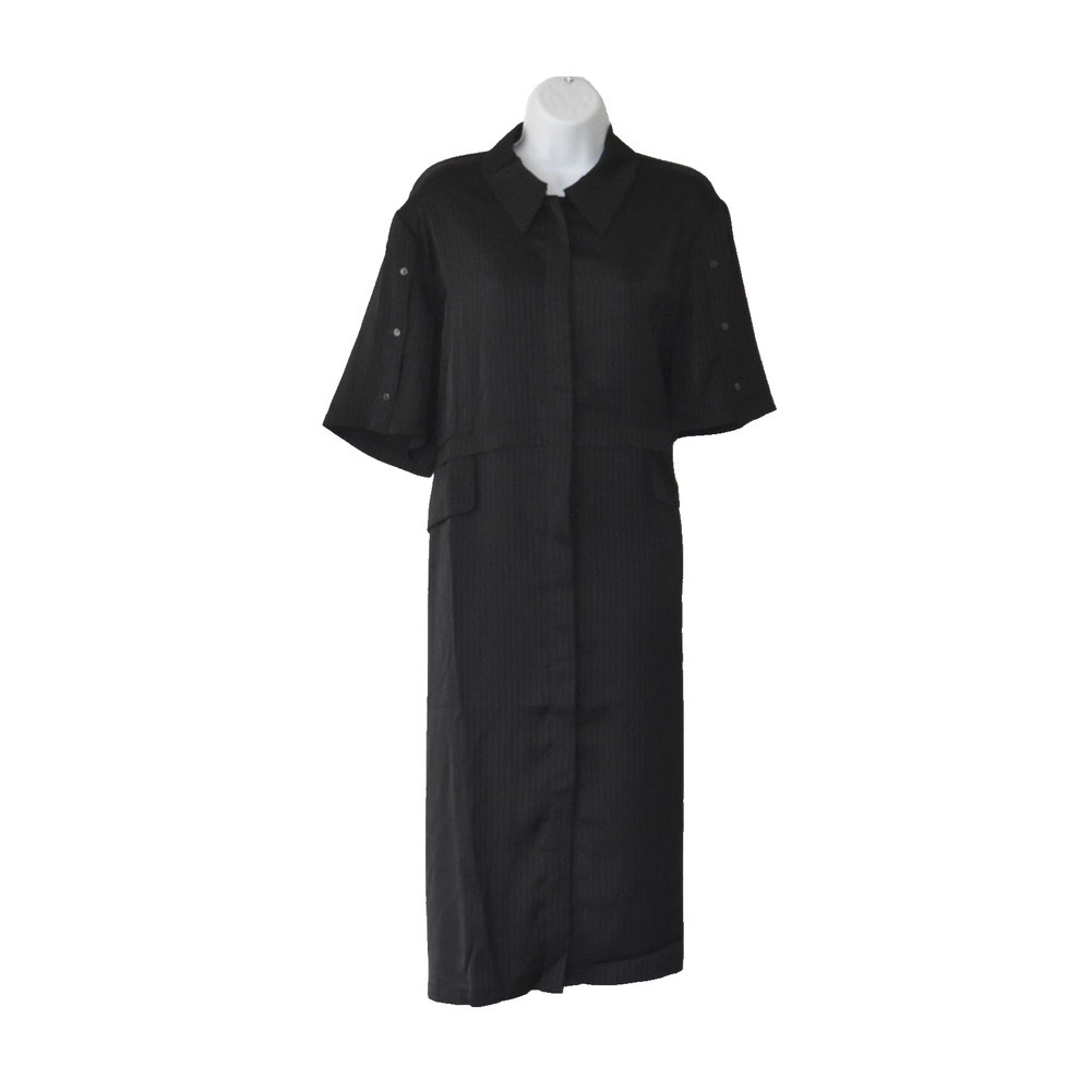 A5 Auth LATTELIER Black Striped Button Short Sleeve Flap Detail Shirt Dress Sz L